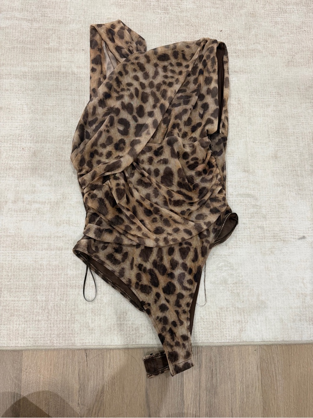 Zara Leopard Print Draped One-Shoulder Bodysuit - Brown
